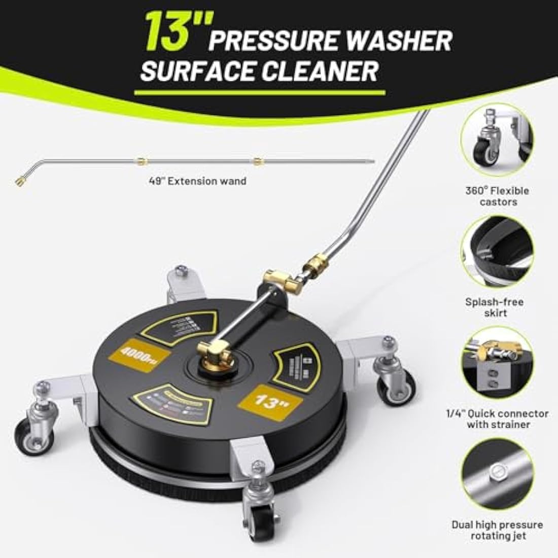 HoldOneLight 13" Pressure Washer Surface & Undercarriage Cleaner, 4000 PSI