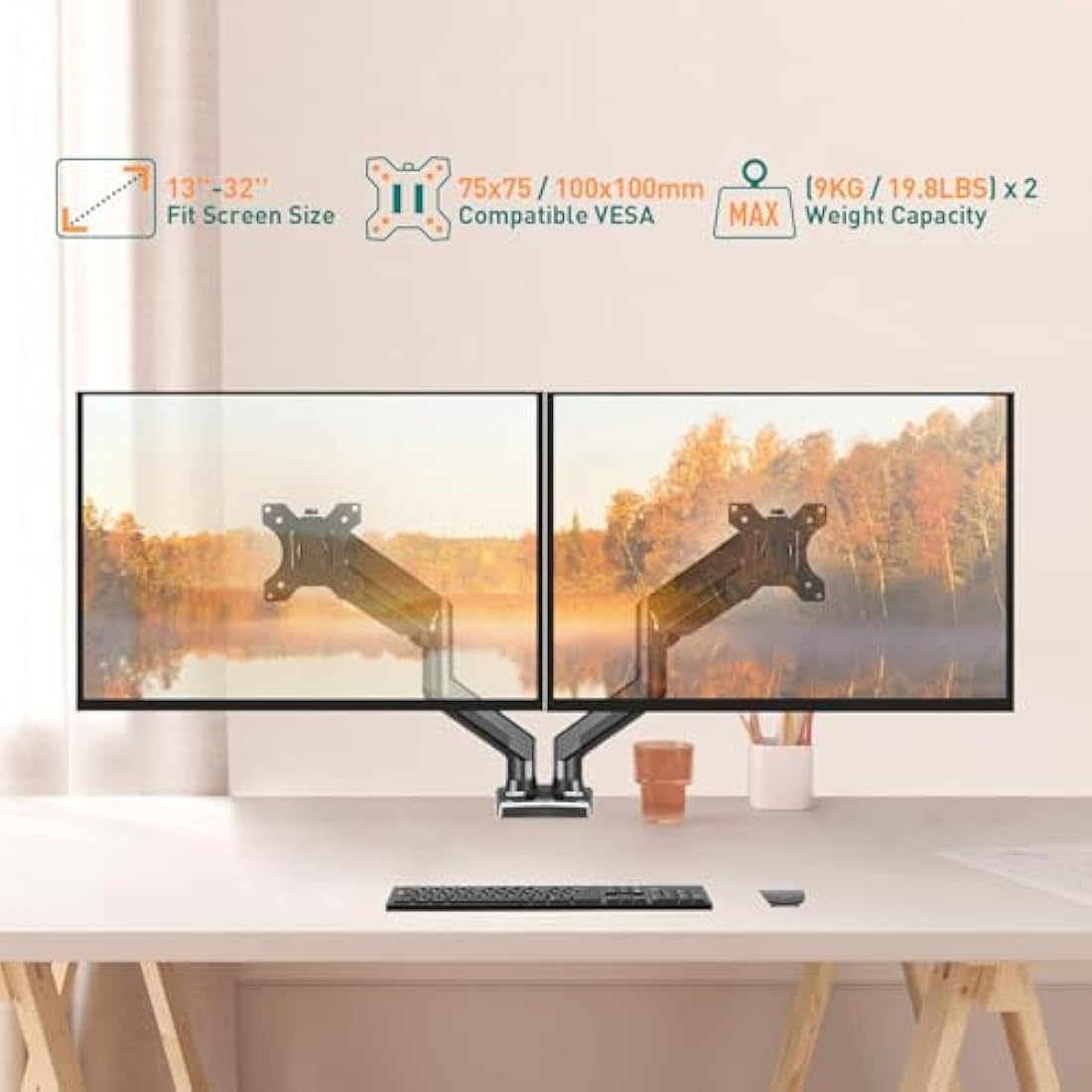 ELIVED Dual Monitor Arm – Gas Spring Stand for 13-32 Inch Screens