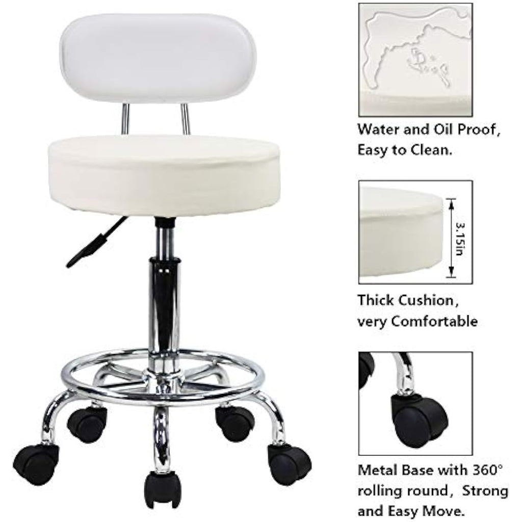 KKTONER PU Leather Rolling Stool | Adjustable Swivel Task Chair - White