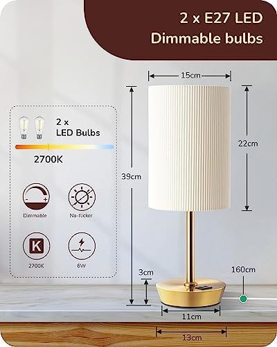 EDISHINE Touch Table Lamps Set of 2 | Gold Dimmable USB Bedside Lamps