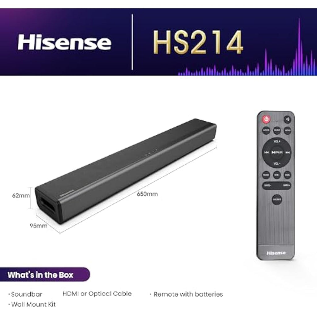 Hisense HS214 All-in-One Soundbar | Built-in Subwoofer & Bluetooth