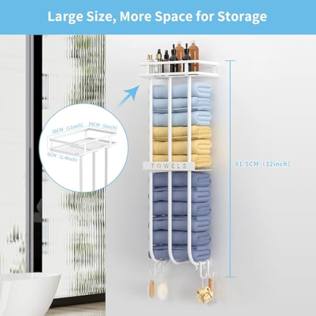 Wall Mounted Towel Rack with Shelf and 4 Hooks – White Metal