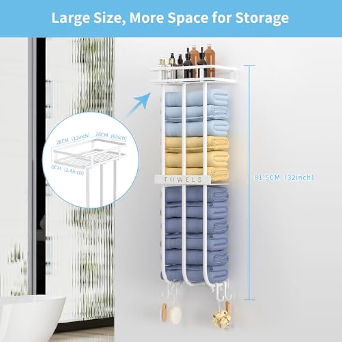 Wall Mounted Towel Rack with Shelf and 4 Hooks – White Metal