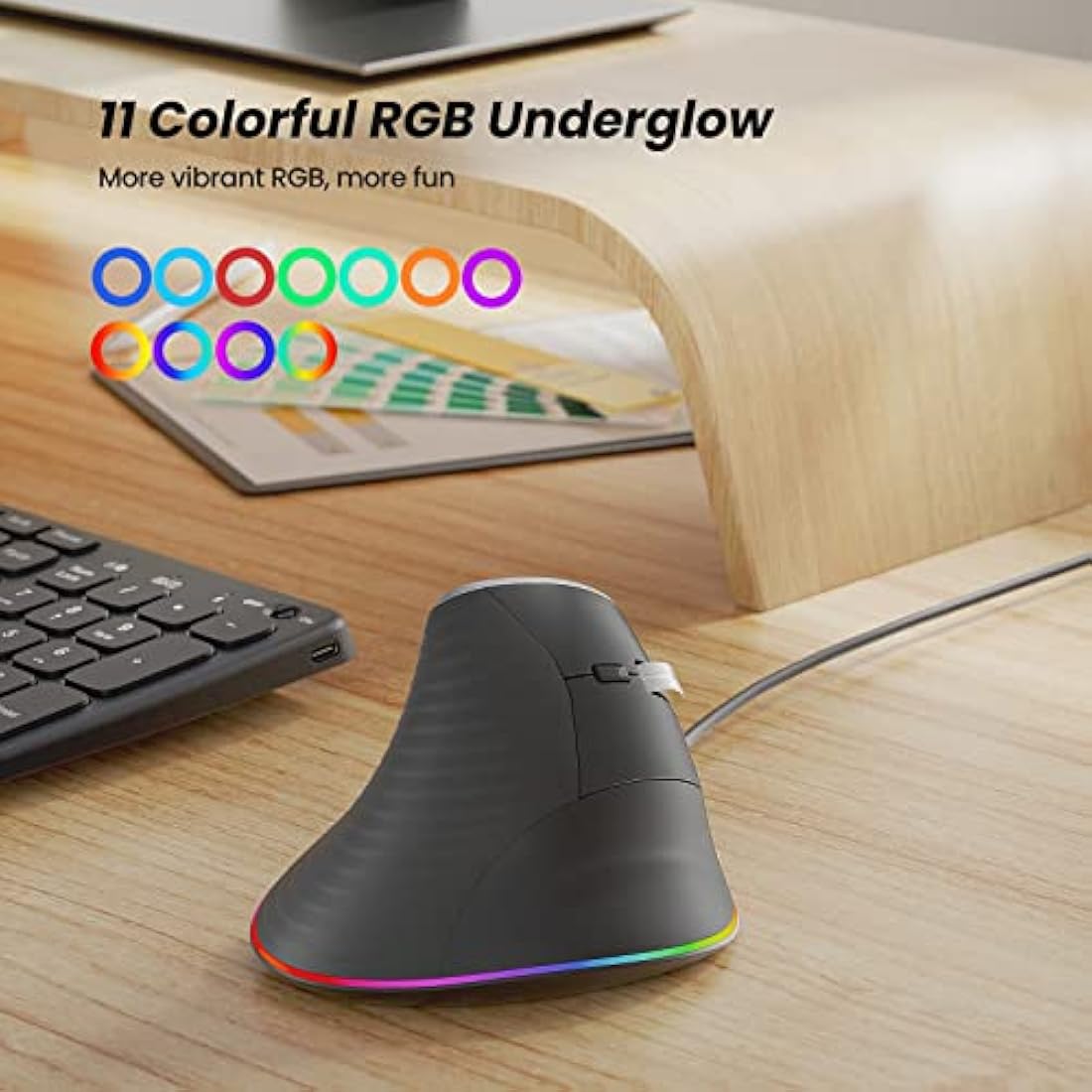 Nulea Wired Vertical Ergonomic Mouse – 3200 DPI & 11 RGB Modes, Grey
