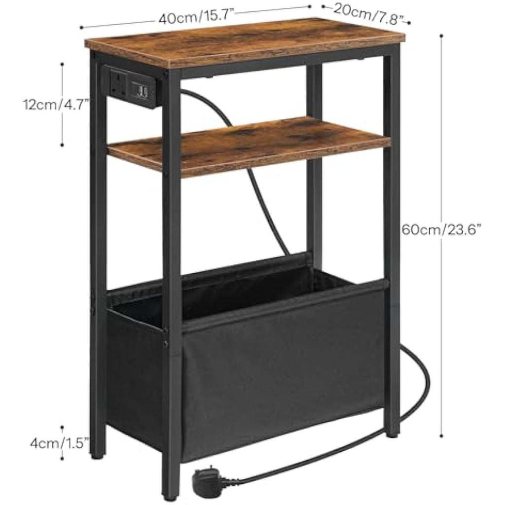 HOOBRO Narrow Side Table with Charging Station - Rustic Brown & Black