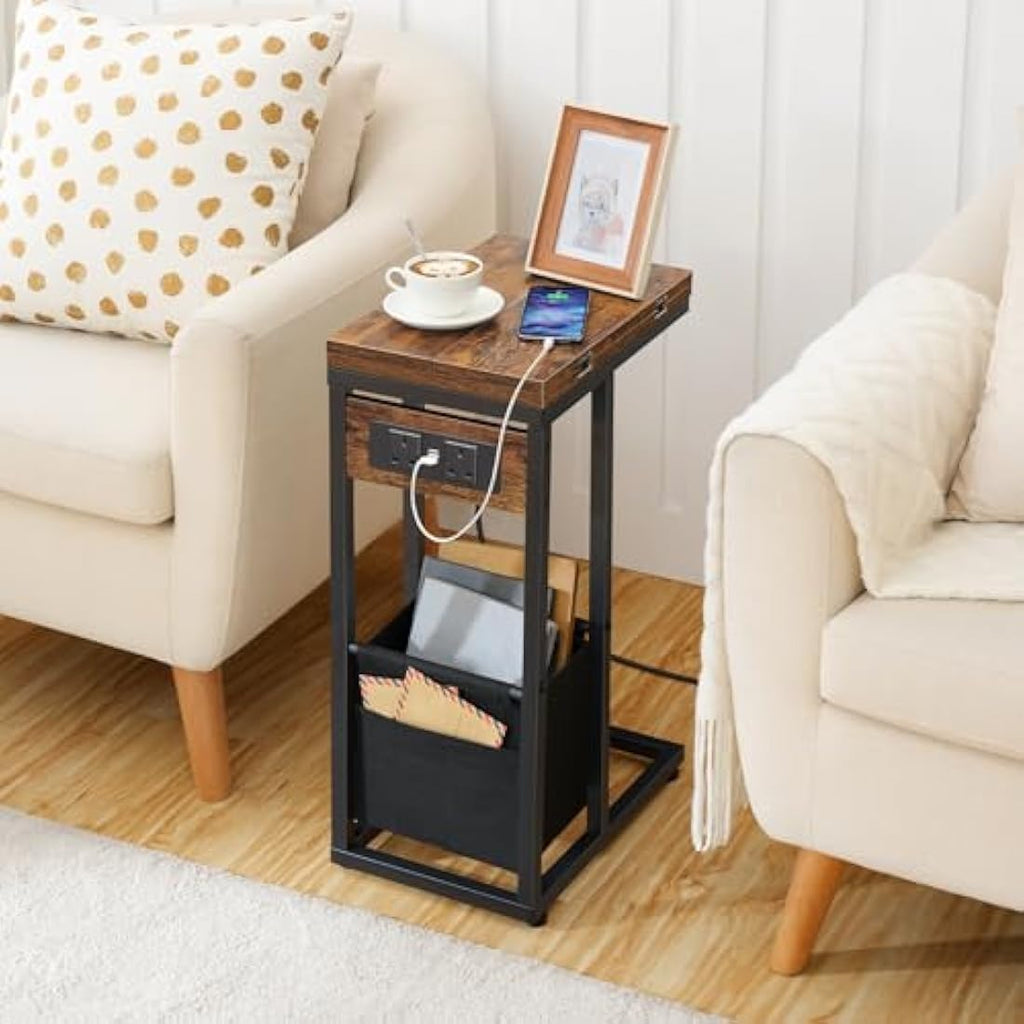HOOBRO C Shaped Side Table with Charging Station and Foldable Top