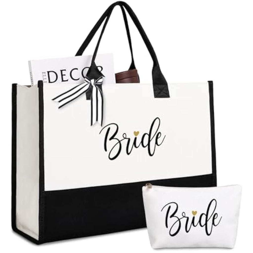 Bride Canvas Tote Bag with Makeup Bag – Black and White