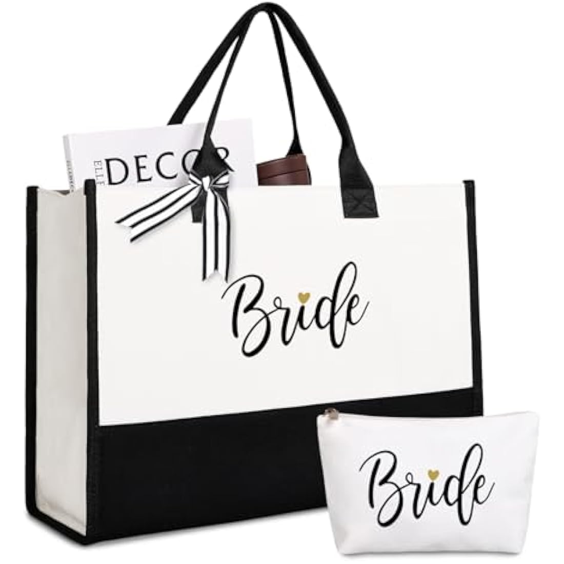 Bride Canvas Tote Bag with Makeup Bag – Black and White