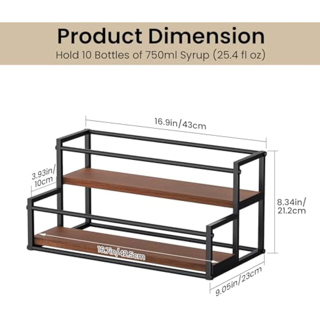 THYGIFTREE 2-Tier Coffee Syrup Rack – 10 Bottle Metal & Wood Organizer