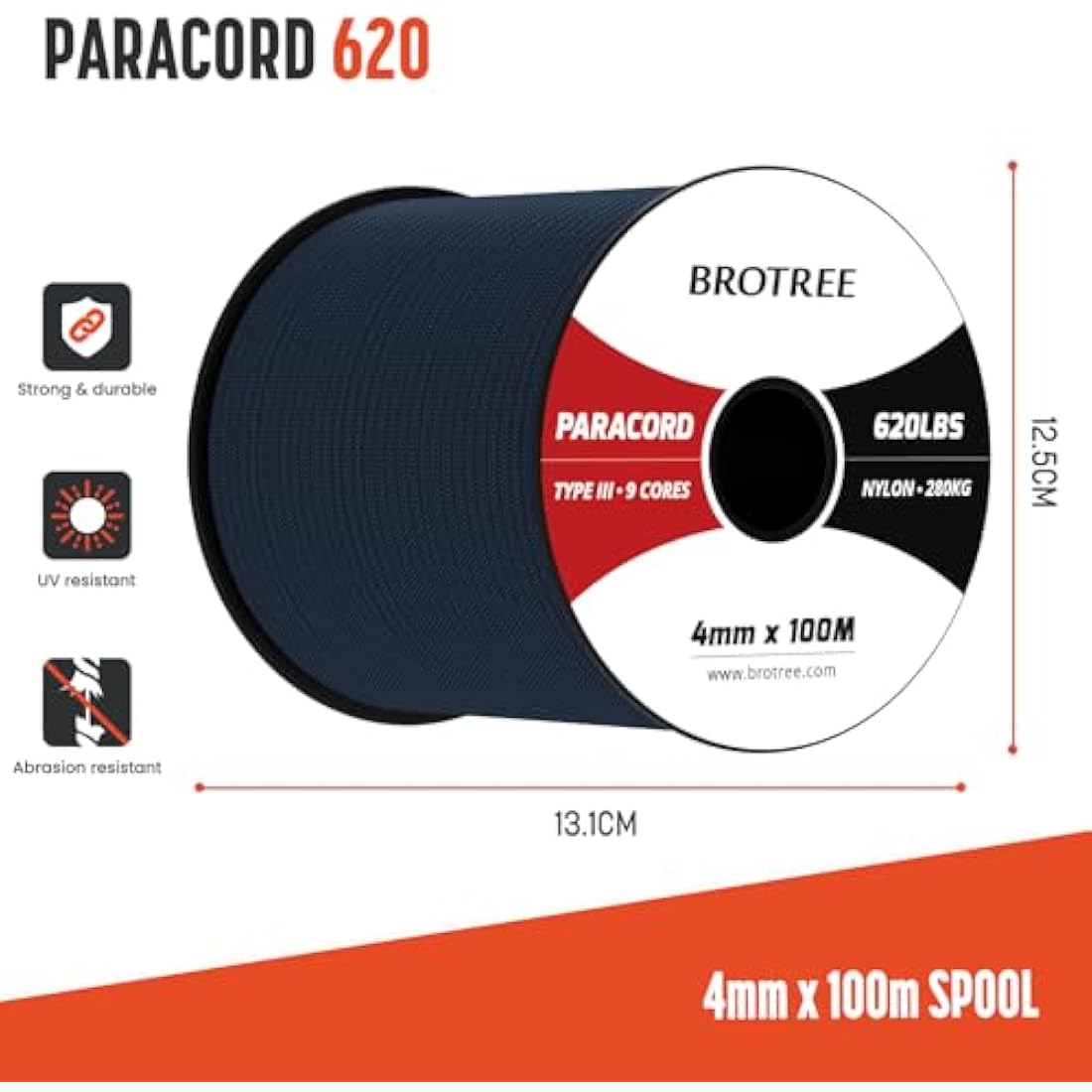 Brotree 4mm 9 Strand Nylon Paracord – 100M Type 3 Parachute Cord, Navy Blue