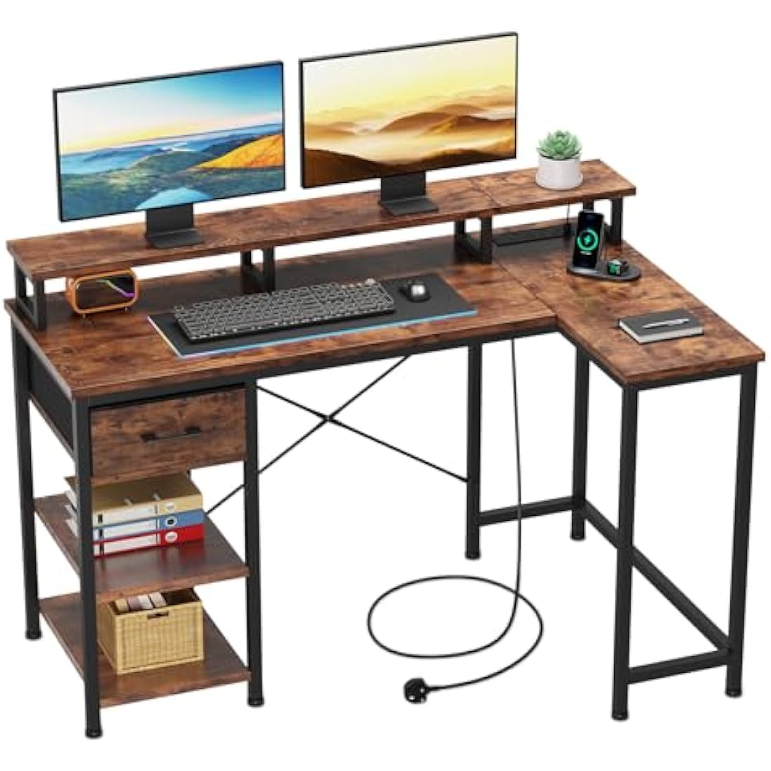 Dripex L-Shaped Computer Desk with Power Outlets, Monitor Stand & Drawer