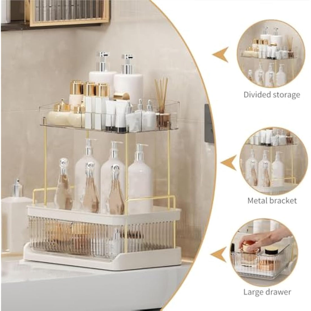 STORICANS Large Makeup Organiser with Drawer and Removable Tray – White