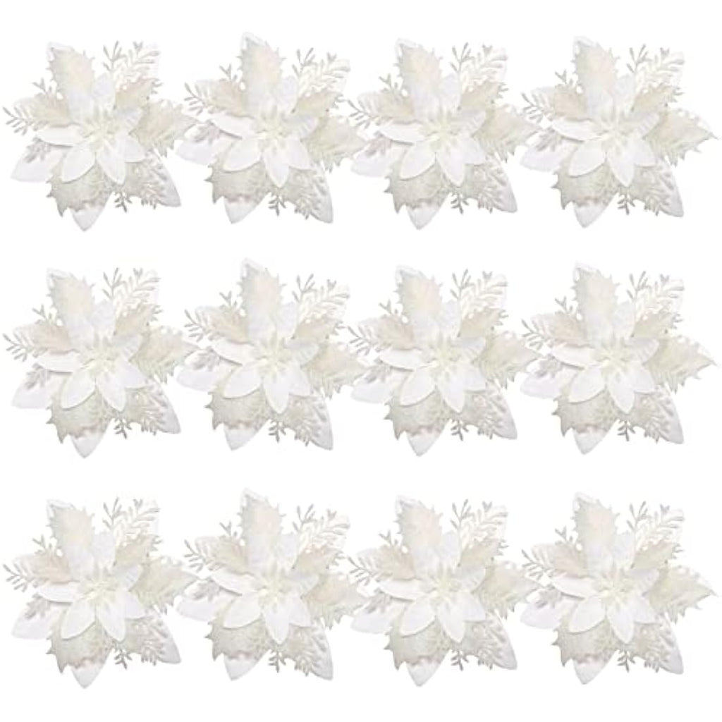 Toyvian 12-Piece Glitter Artificial Poinsettia Christmas Tree Flowers