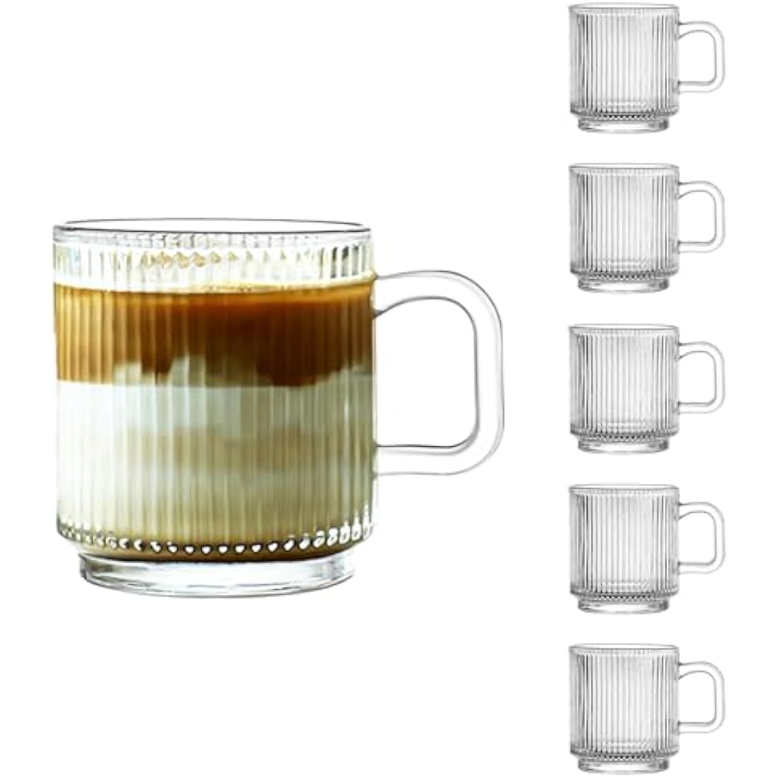 Glass Coffee Mugs – 6 Pack Striped 340ml Tea Cup Set