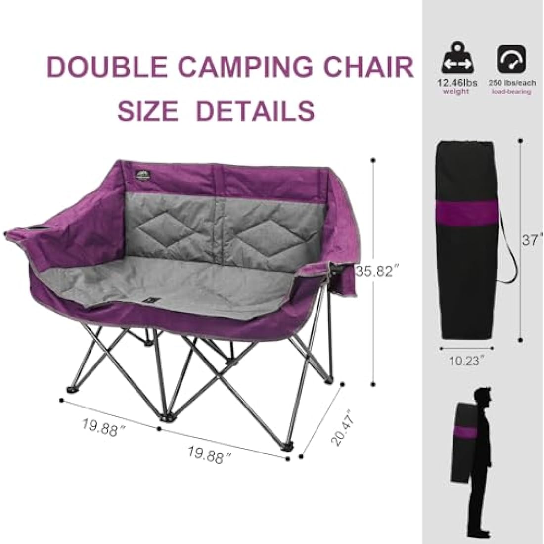 LANMOUNTAIN Folding Camping Loveseat – Heavy Duty Double Chair, Purple