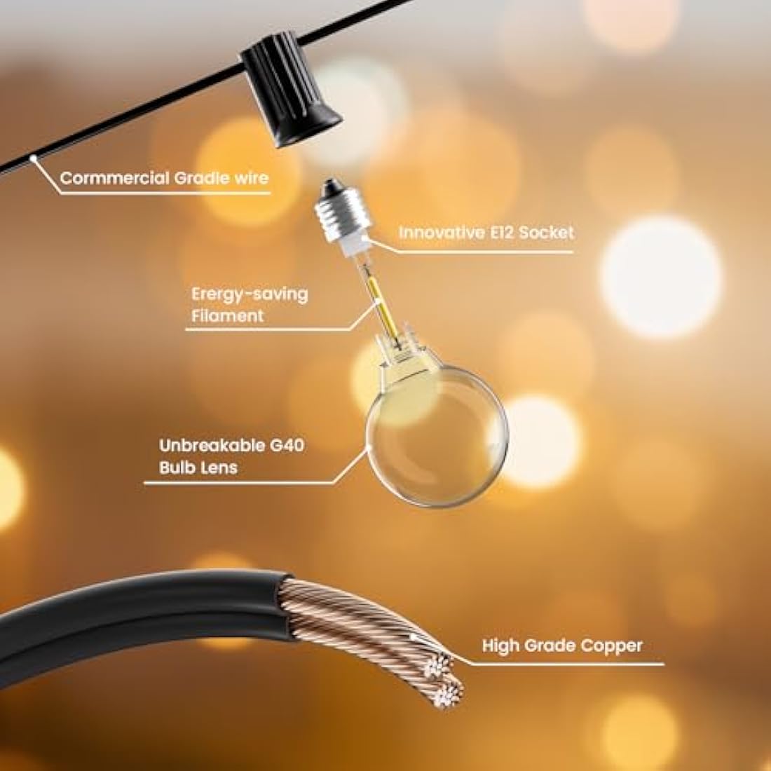 Yuucio 100FT Outdoor LED String Lights – Waterproof G40 Shatterproof Bulbs
