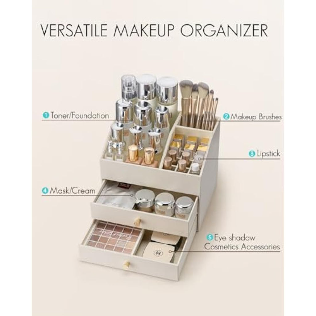 Vlando Faux Leather Makeup Organiser | 2-Drawer Cosmetic Storage, Beige