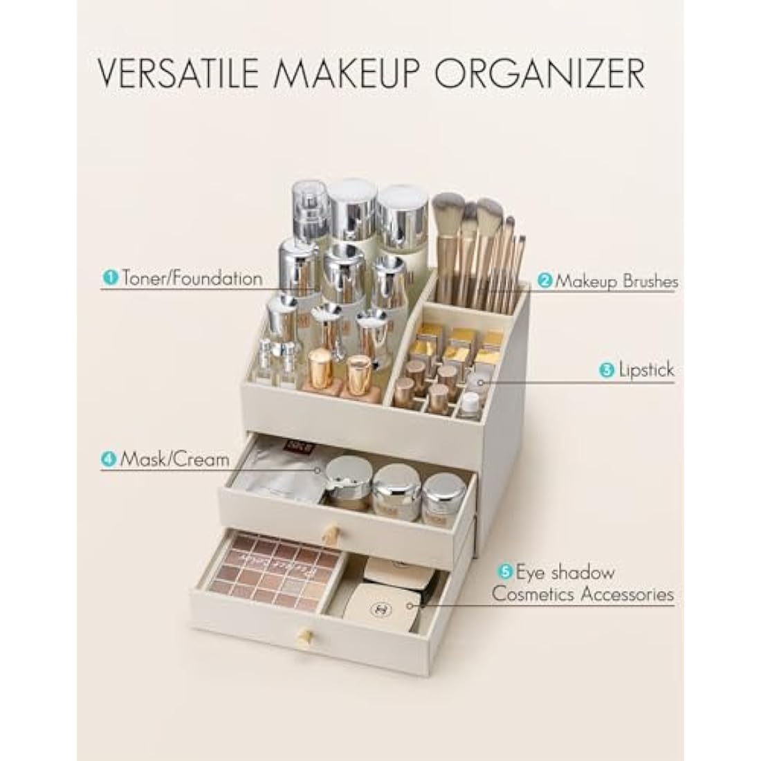Vlando Faux Leather Makeup Organiser | 2-Drawer Cosmetic Storage, Beige