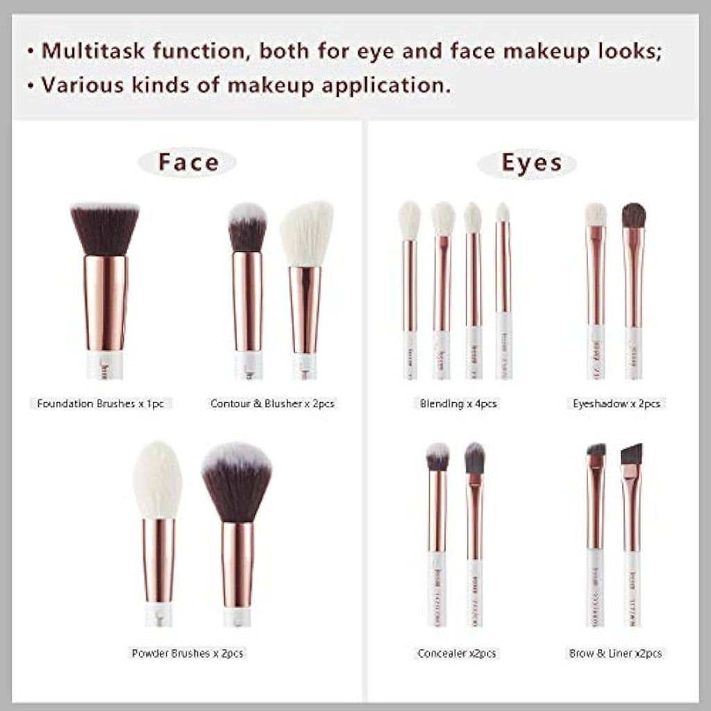Jessup 15Pcs Professional Makeup Brushes Set | Pearl White & Rose Gold