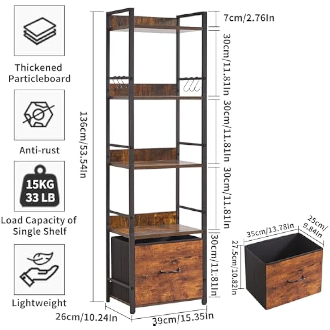 Aibiju 5-Tier Industrial Bookshelf with Fabric Drawers – Rustic Brown