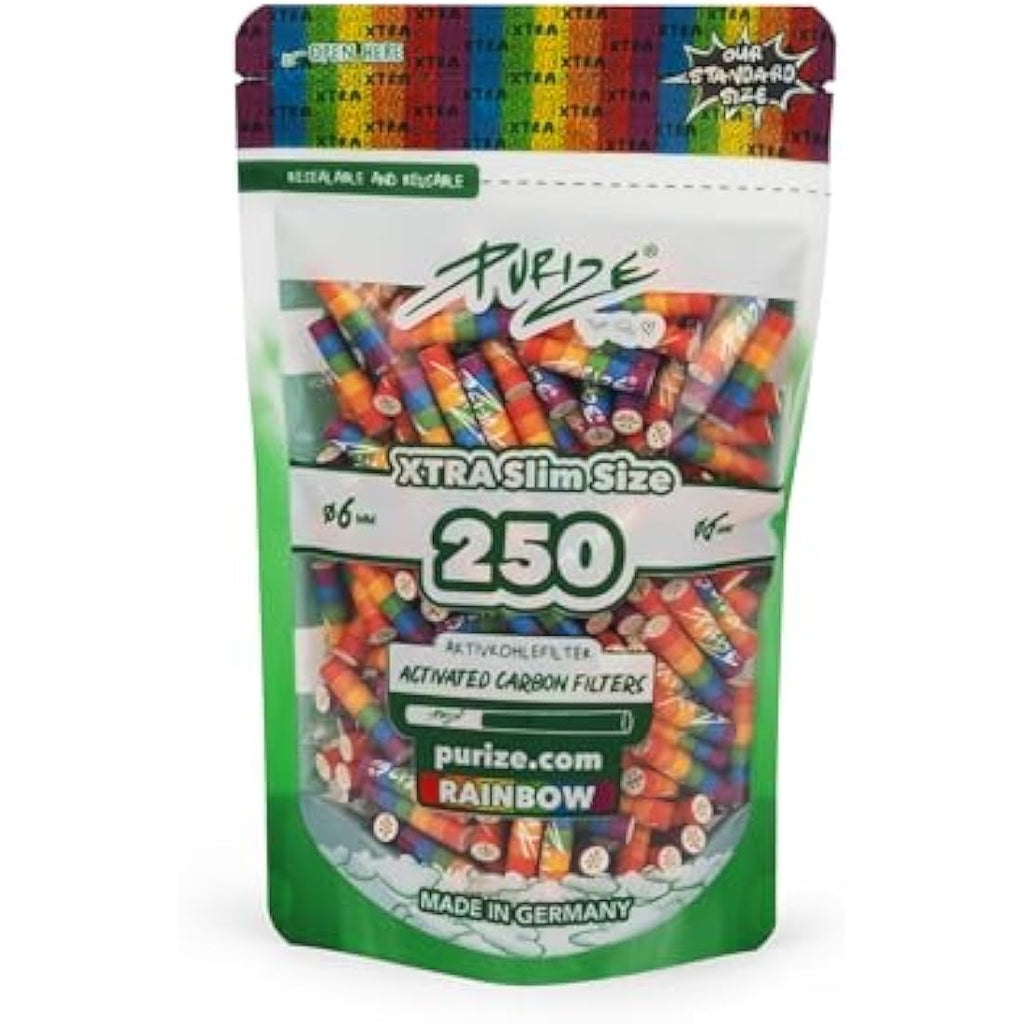 Purize Xtra Slim Activated Charcoal Filter Tips - Rainbow (250 Pack)