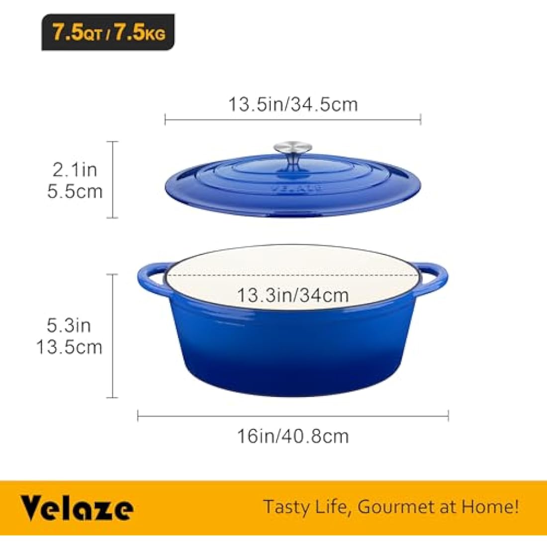 Velaze Enameled Cast Iron Dutch Oven – 7.5L Oval Casserole Dish, Blue
