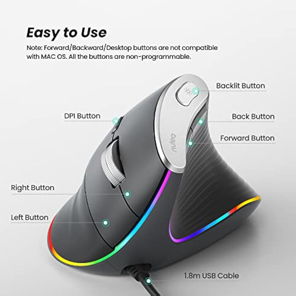 Nulea Wired Vertical Ergonomic Mouse – 3200 DPI & 11 RGB Modes, Grey