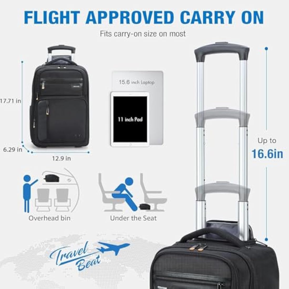 Ponhog Rolling Backpack | 15.6 Inch Laptop Carry-On Bag | Water Resistant