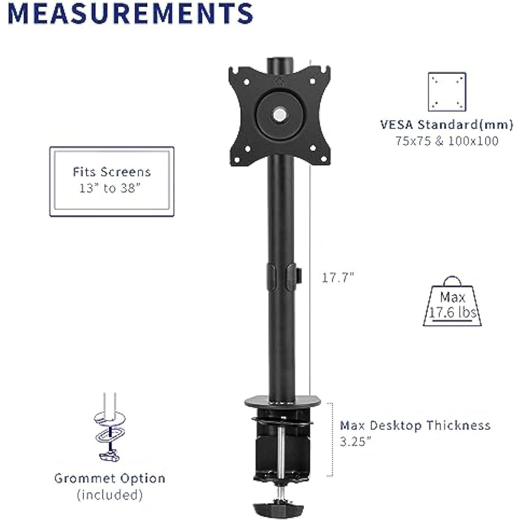 Vivo Single Monitor Desk Mount – Adjustable VESA Stand for 13-38" Screens