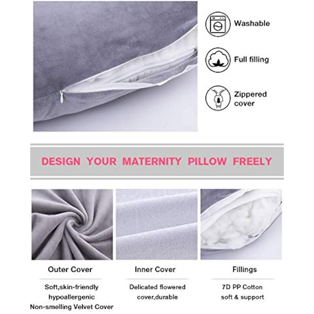 AS AWESLING U-Shaped Pregnancy Pillow | Full Body Velvet Support - Grey