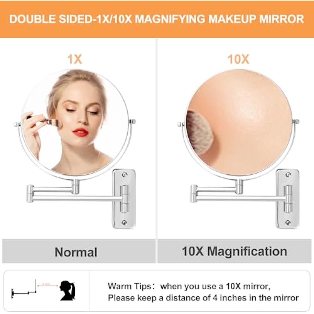 FFowcye 8" Wall Mounted Makeup Mirror | 1X/10X Magnifying Chrome Mirror