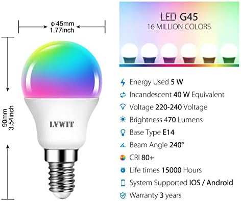 LVWIT E14 Smart LED Bulb - RGB WiFi Dimmable Alexa Compatible, 6 Pack