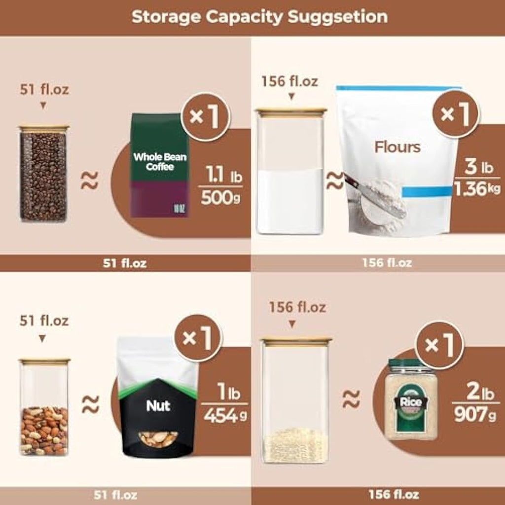 ComSaf Airtight Glass Pantry Storage Containers with Bamboo Lids, 2 Pack