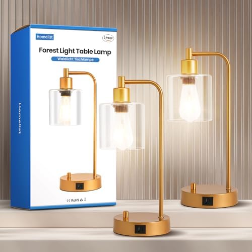 Homelist Industrial Gold Bedside Lamps – Set of 2 Dimmable USB Table Lamps