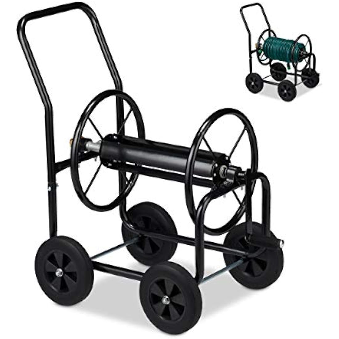 Relaxdays Metal Garden Hose Cart – 4-Wheel Mobile Reel for 60m Hose