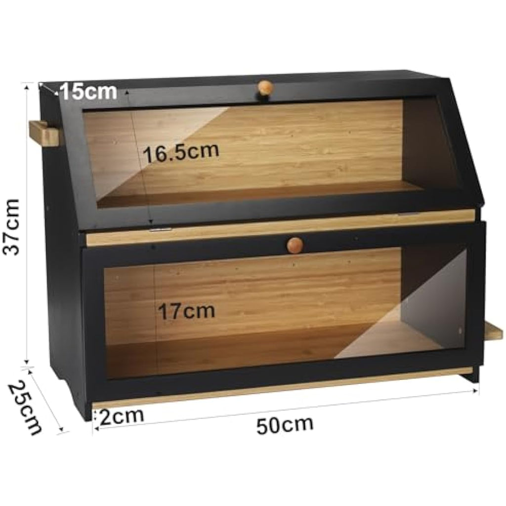 Bamboo Bread Box – Large 2-Layer Double Decker Bread Bin, Black