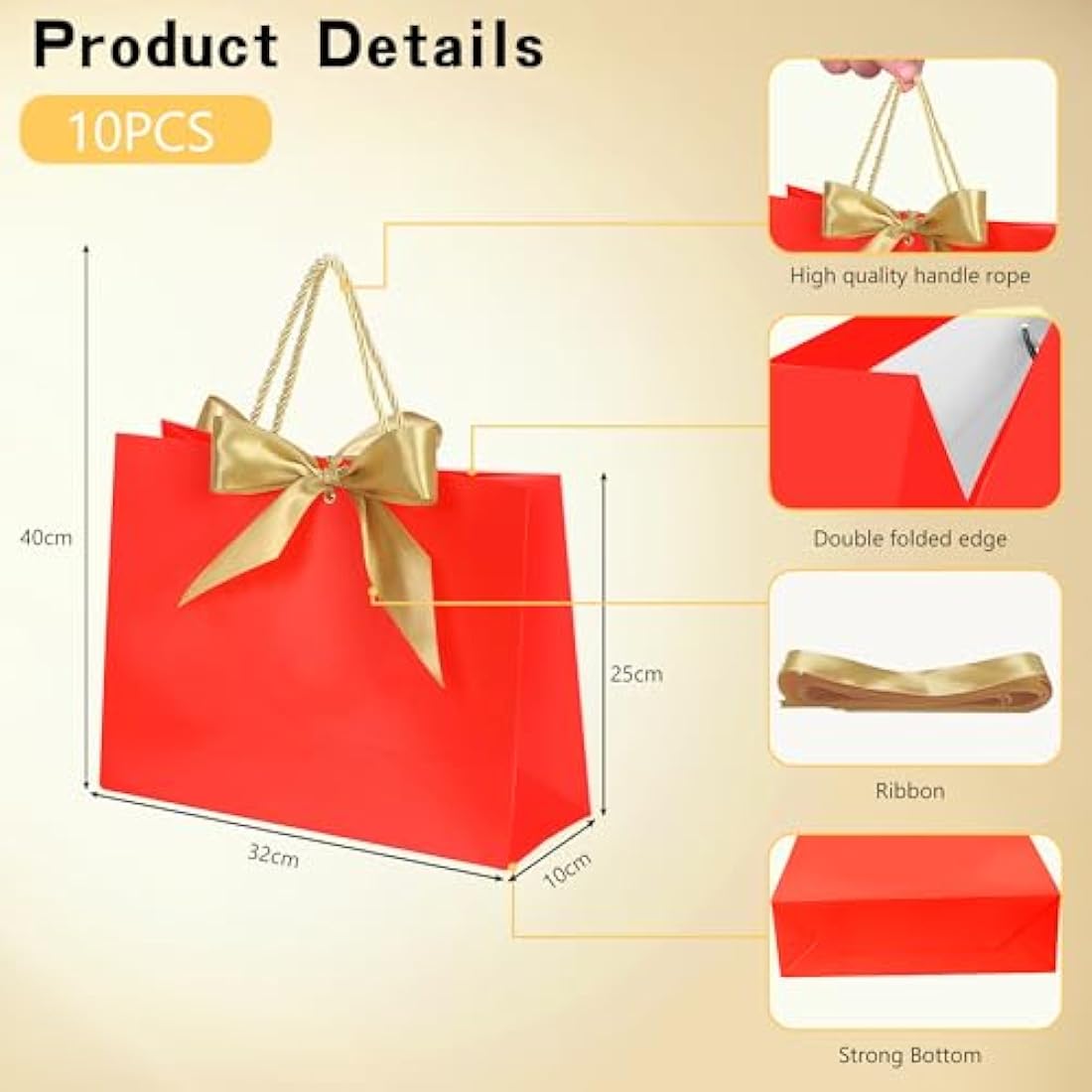 Jolof Store Luxury Red Paper Gift Bags with Gold Ribbon - 10 Pack