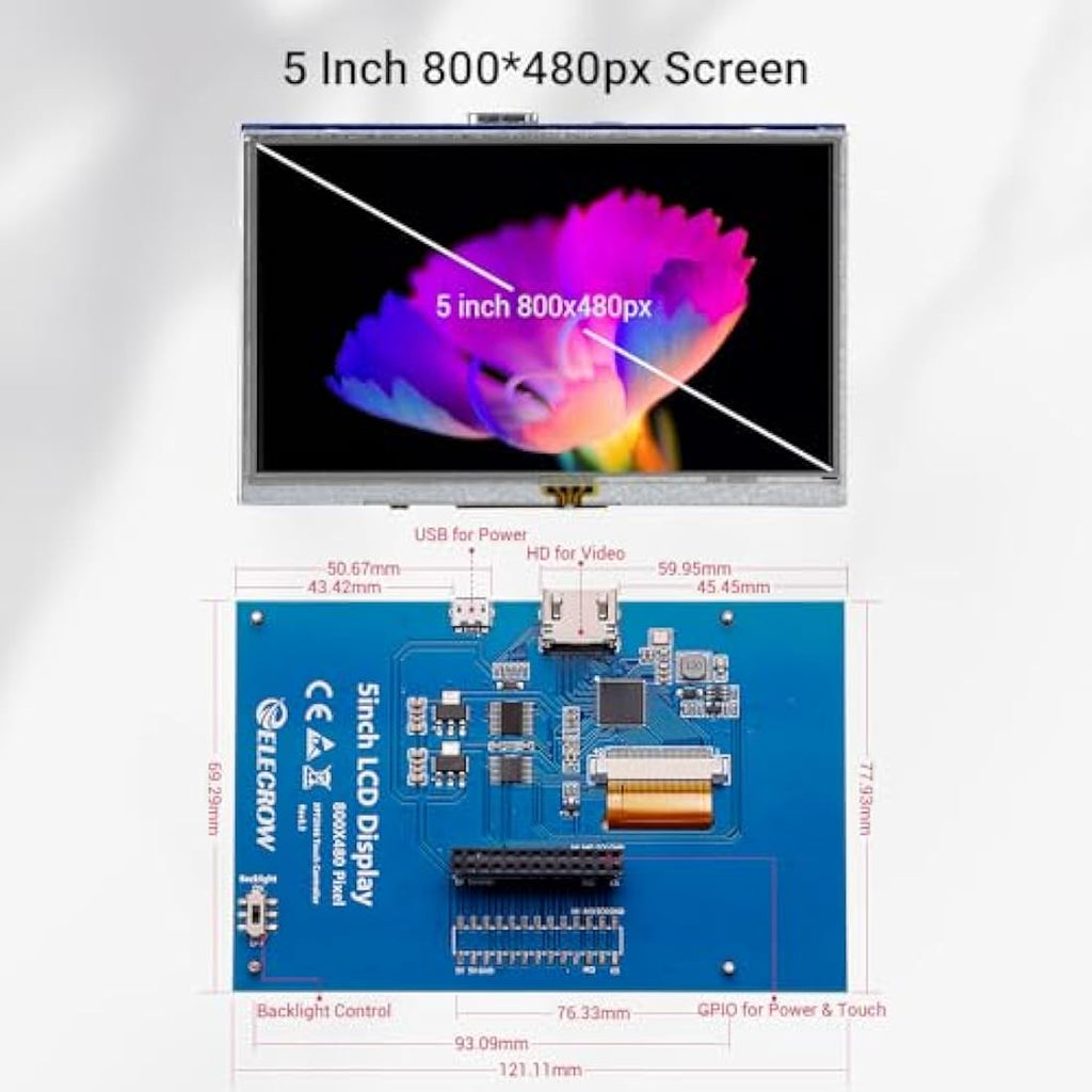 Elecrow 5-Inch Raspberry Pi Touch Screen – 800x480 TFT LCD Mini Monitor