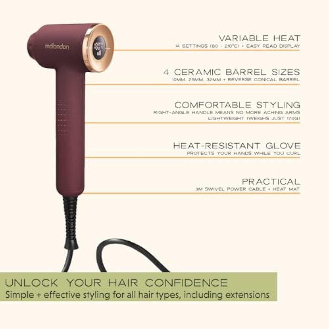 mdlondon CURL 4-in-1 Hair Curling Wand | Ceramic Barrels & Heat Mat