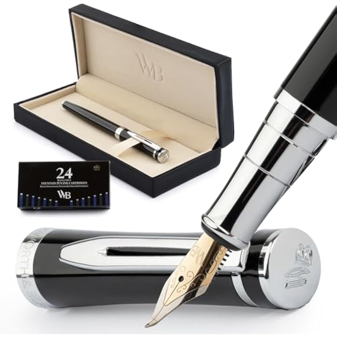 Wordsworth & Black Fountain Pen Set – Bent Nib Calligraphy Pen, Chrome