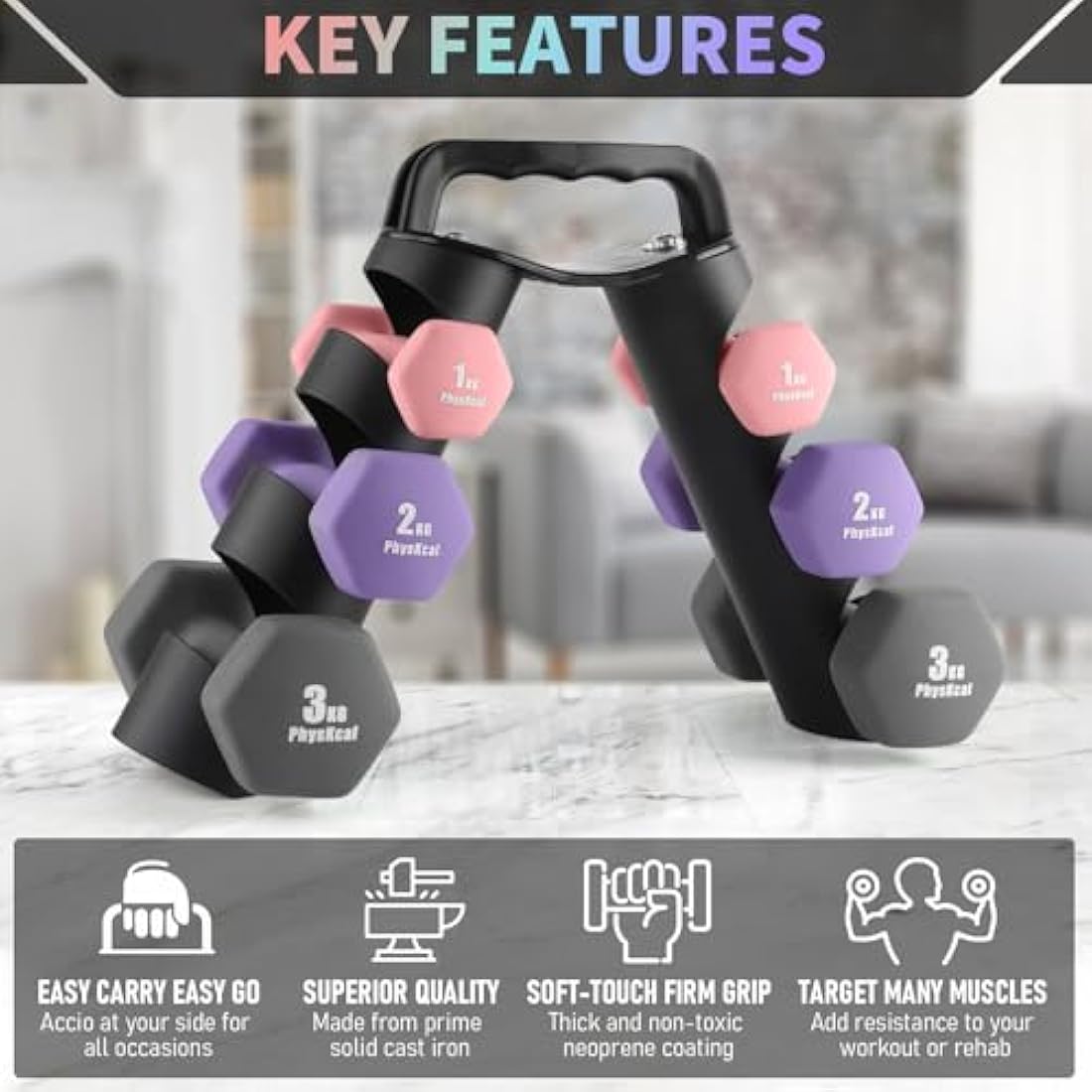 PhysKcal Neoprene Dumbbells Set with Rack - 1kg, 2kg, 3kg Hand Weights