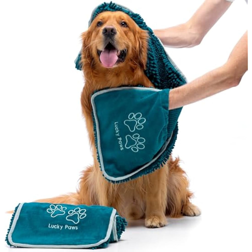 Lucky Paws Chenille Dog Towel with Hand Pockets – Absorbent Teal, 2 Pack