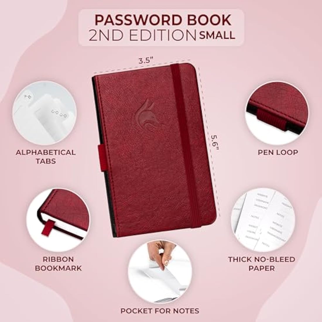 Clever Fox Password Book 2nd Edition - Pocket Login Organizer - Wine Red