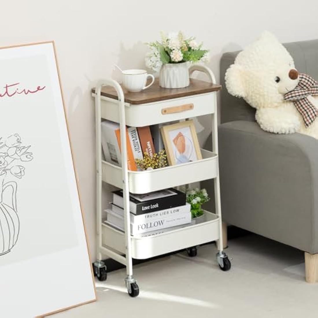 3-Tier Metal Rolling Storage Trolley with Drawer - White