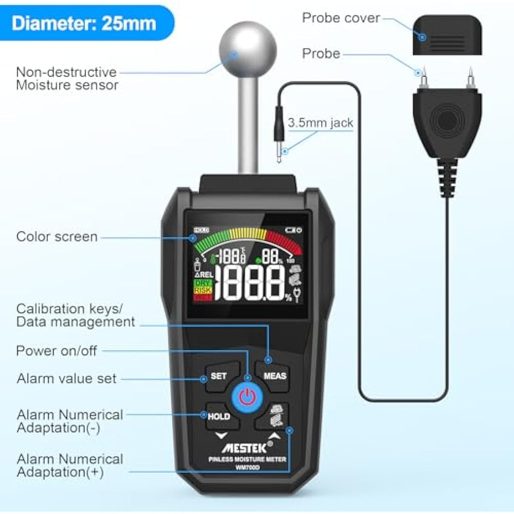 MESTEK 2-in-1 Moisture Meter | Pin & Pinless Damp Detector for Wood and Walls