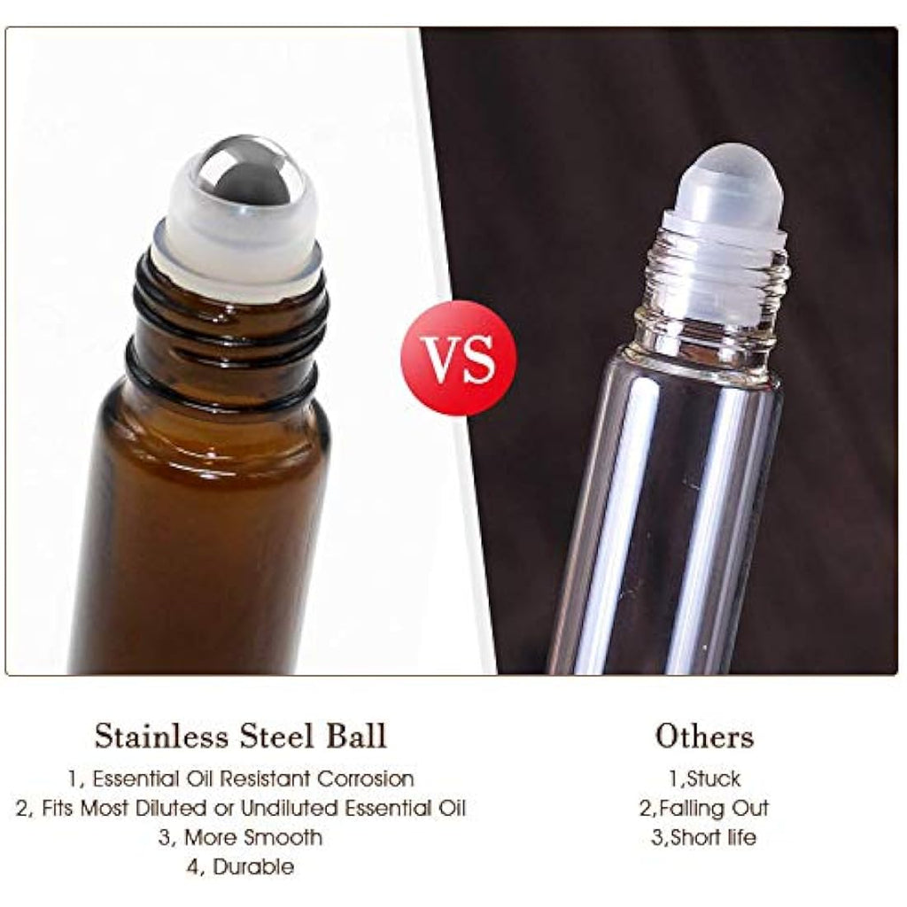 10ml Amber Glass Roller Bottles for Essential Oils - 10 Pack