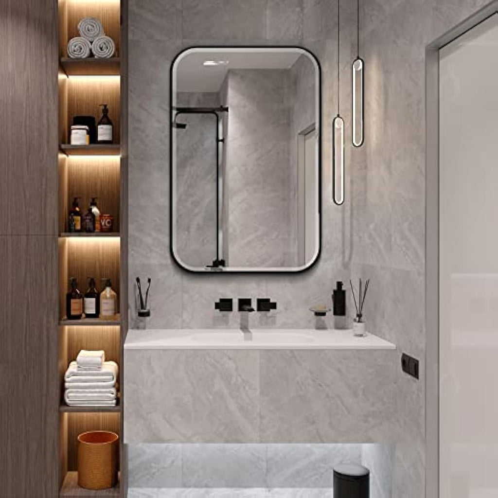 Fundin Black Mirror Cabinet – Beveled Edge Recessed Bathroom Storage