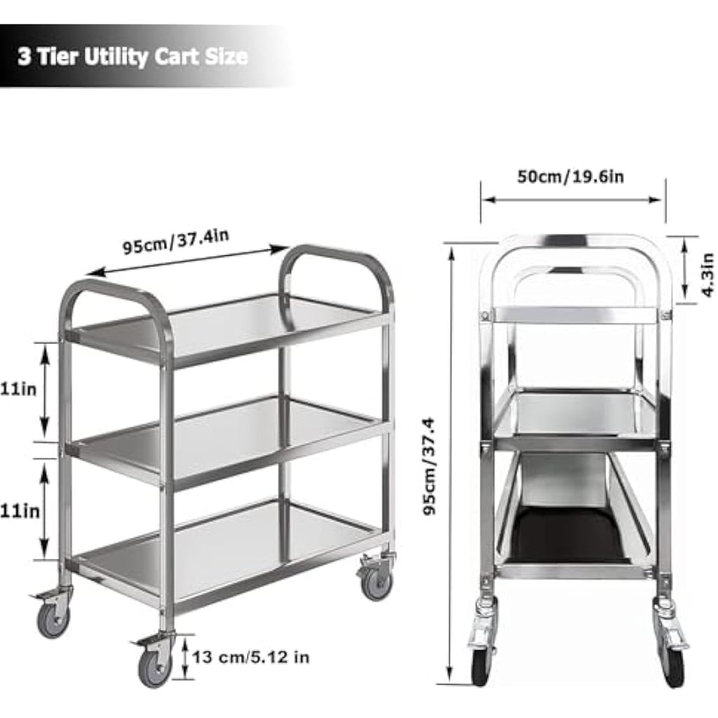 Nisorpa 3-Tier Stainless Steel Catering Trolley | Utility Cart with Wheels