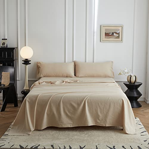 Simple&Opulence Linen Cotton Double Flat Sheet | Breathable Beige Bedding