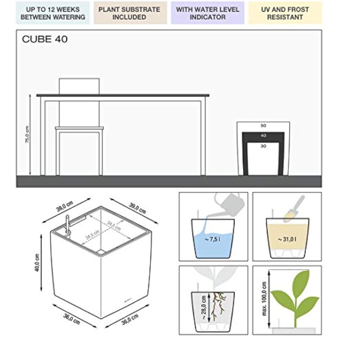 LECHUZA CUBE Premium 40 Self-Watering Planter - Silver Metallic